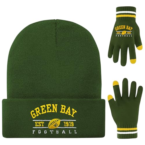 Winter Embroidered Soft Beanie Football Knit Hat With Warm Touch Screen Gloves - Game Day Gifts For Men Women And Fans