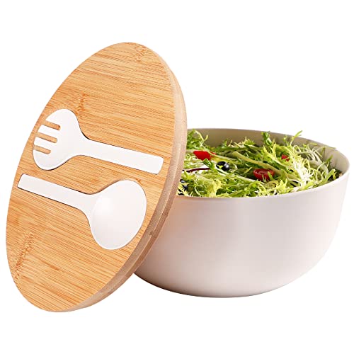 Ecoway Bamboo Salad Bowl With Lid, Bamboo Fiber Serving Bowls Large With Natural Solid Bamboo Lid, Salad Mixing Bowl Set With Servers Set For Salad, Fruits, Vegetables And Pasta (White, 9.8Inch) #TOP4