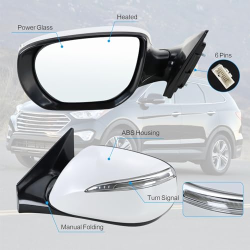 Lqito Left Driver side Mirror Compatible with 2013-2018 Hyundai santa Fe Sport with Manual folding Power glass Heated with turn signals Can be DIY Paintable Replace# HY1320201(6 Pins)