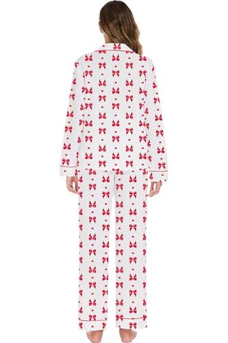 Image of LUBOT Christmas Pajamas for Women 100% Cotton Pajama 2 Piece PJ Set Soft Long Sleeve Button Xmas Print Loungewear XS-XXL