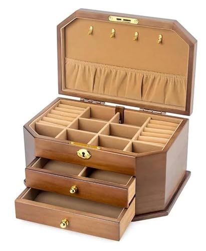 KEuLen Joyero de Madera, Caja Joyero, Joyero Madera, Joyero de Madera Maciza con Cerradura for Guardar Pendientes, Collares, Anillos, Anillos, etc.(28x19x15cm)