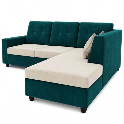 Image of FURNY Nathan 4 Seater L Shape Sofa Set RHS (Green Teal-Cream) | Suede Velvet Finish | Durable Comfort Sofa for Modern Living Room & Office Spaces