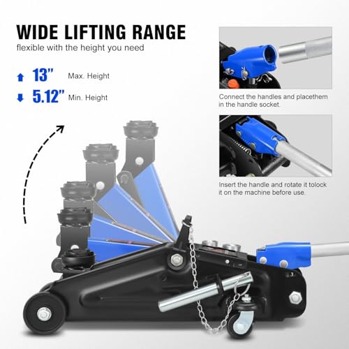 Image of DNA Motoring Floor Jack with Socket and Lock, Low Profile Hydraulic Trolley Jack for Cars Lift, 2 Ton (4000 lbs) Capacity, Lifting Range 5.12 inch-13 inch, Blue, TOOLS-00677-BL