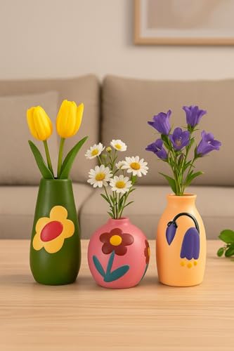 Image of Amazon Basics Handcrafted Artistic Flower Pot Set | A Masterpiece of Color & Creativity | Bring Life to Your Home Decor Pack of 3, Multicolor, Ceramic