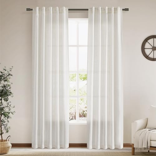 Cream Linen Curtains 84 Inch Length 2 Panels Back Tab Pocket Semi Sheer Bedroom Curtains Light Filtering Country Closet Curtain Drapes Netural Farmhouse Window Panels for Living Dining Room 40x84