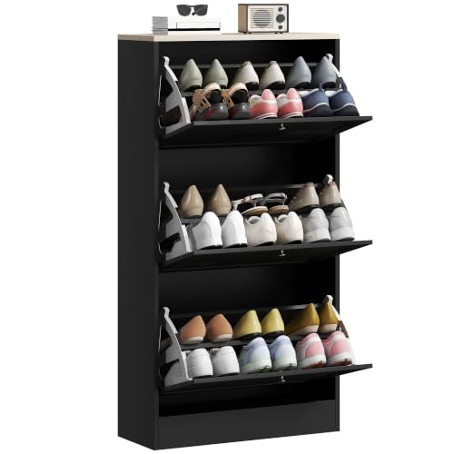 HOMCOM Entryway Shoe Storage Cabinet, 3 Drawer Narrow Shoe Rack, Black | Freestanding Shoe Storage Organizer with 3 Flip Drawer, Adjustable and Removable Divider, 12-18 Pairs of Shoes, for Hallway
