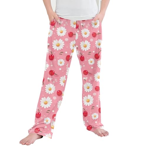 Daisy Flower Cherry Long Pajama Pants Elastic Waist PJ Bottoms with Pockets S A110822