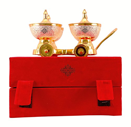 Indian Art Villa Silver Plated Gold Polished Set Of 4 Designer Dry Fruit Bowls On Trolley|Serving Tableware Decorative Gift Item #TOP1