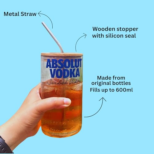 Image of KAVI Eco-Friendly Glass Bottle Sipper 600ml with Wooden Lid & Metal Straw | Tumbler for Mojito, Soda, Smoothies, Whiskey, Iced Coffee, Tea & Cocktails | Pack of 1