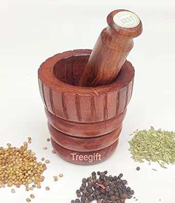 Treegift Wooden Mortar and Pestle set//Wooden Imam Dasta //Wooden Ohkli Musal//Wooden Kharal for Mixer and Grinder Spices and Herbs.Sheesham Wood, Size-(4