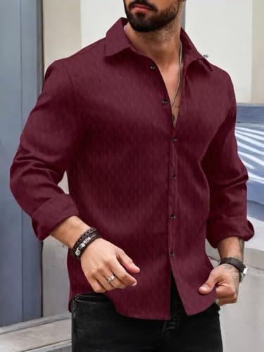 Image of DEELMO Men's Regular Fit Button Down Dress Shirts Textured Long Sleeve Casual Hawaiian Shirt