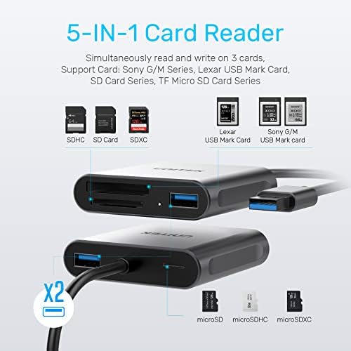 XQD Card Reader, Unitek USB 3.2 Gen1x1 XQD/SD/TF Memory Card Reader Adapter with USB3.0x2 Fast Speed Up to 5Gbps, Compatible with Sony G&M Series XQD and TF/SD/SDHC Cards, for Windows, Mac, Linux