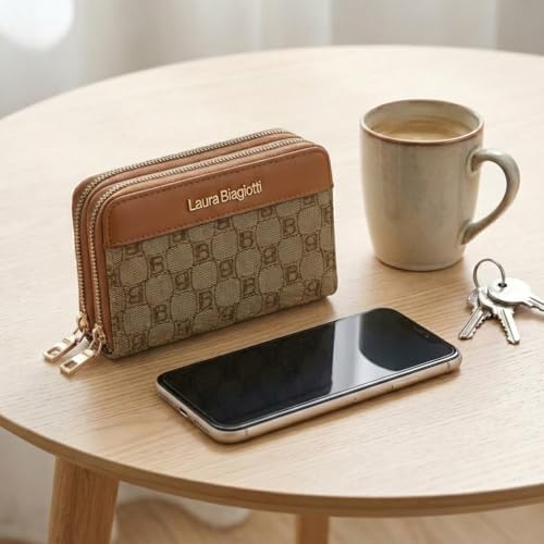 Laura Biagiotti Große Damen-Geldbörse aus PU und Stoff mit Logo, mit Münzbörse und Geschenkbox, cognac, Compatto