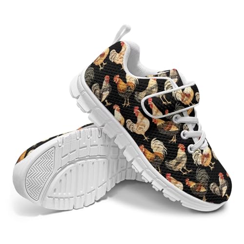 Howilath Rooster Print Children Sneakers for Girls with Single Buckle Athletic Walking Shoes Non-Slip Sole