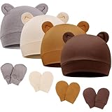 BQUBO Newborn Baby Hats Bear Ears and Mittens Sets Preemie Cotton Caps Baby Boy Girl Infant Hospital Beanie for 0-3 Months