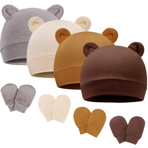 Image of BQUBO Newborn Baby Bear Ears Hats and Mittens Sets Preemie Cotton Caps Baby Boy Girl Infant Hospital Beanie