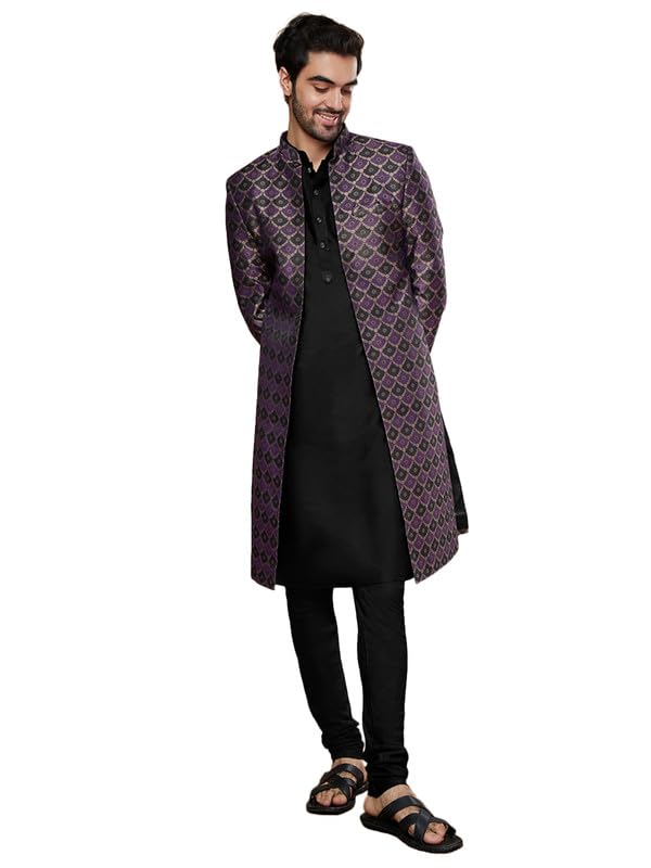 kisah Men's Kurta Sherwani Churidar Set Indo-Western, Purple Silk Blend, Woven Design Regular Fit Mandarin Collar Long Sleeves-picture-29