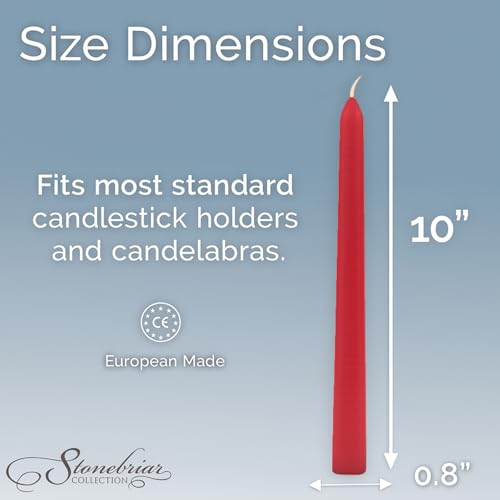Image of Stonebriar Unscented Taper Candles - 7 Hour Burn Time, Long-Lasting Wax Candles for Weddings, Holidays, Home Decor & Special Events, Pack of 10, Red, 10 inch