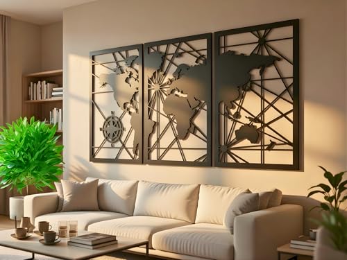 VAILLA ® Mappa del mondo, Decorazione da parete in legno, decorazione da parete in nero, oro, 3D, decorazione da parete per casa, ufficio, camera da letto, soggiorno (Mappa del mondo 1)