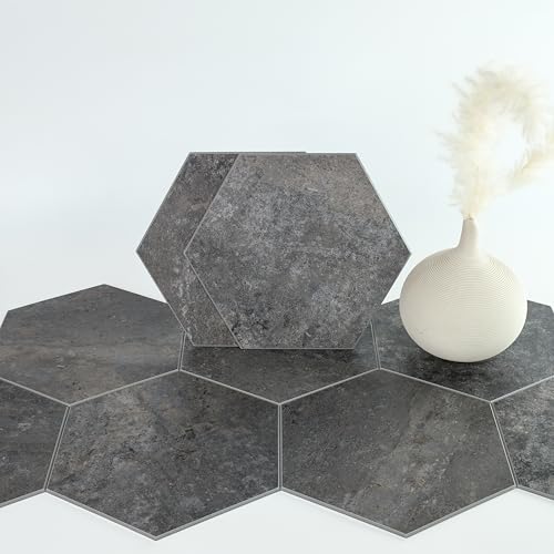 W&S Hexagon Peel and Stick Flooring 24-Sheets Self Adhesive Dark Grey Peel and Stcik Backsplash Stick on Brick Accent Wall Thicker Faux Stone Floor Tile for Bathroom Bedroom RV