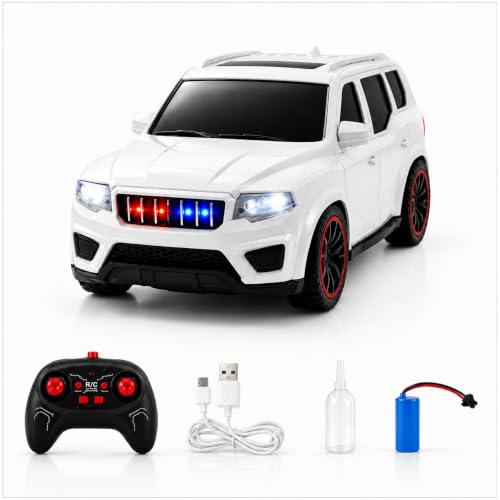 Image of The Flyers Bay 1:18 Scale Scorpio-Style Remote Control SUV Car for Kids | 2.4GHz Long Range Remote, Spray Mist Effect, Police Lights & Siren, Rechargeable Battery (White)