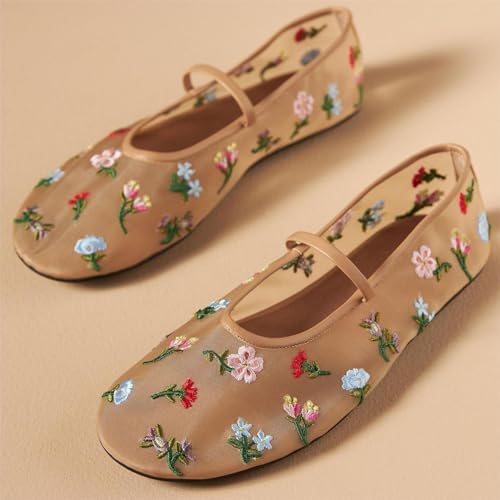 Women's Embroidered Mesh Ballerinas Shoes Round Toe White Pearl Ballet Flats with Buckle Strap Summer Fashion Flat4