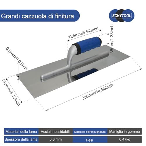 ZCHYTOOL Glättekelle Rostfrei 38 x 13 cm Premium Trockenbau Werkzeug Profi Groß Glättekellen Für Zementmörtel und Putz Traufel mit Edelstahlblatt