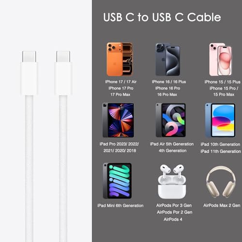 AirPods 20W Charger for AirPods 4, Airpod Pro 3(3rd generation), Pro 2(2nd gen), Airpod Max 2 Charging Cord, USB C to USB C Woven Cable for iPhone 17/16E/16/15, 17Air, 17 16 15 Por Max Power Adapter - Image 3