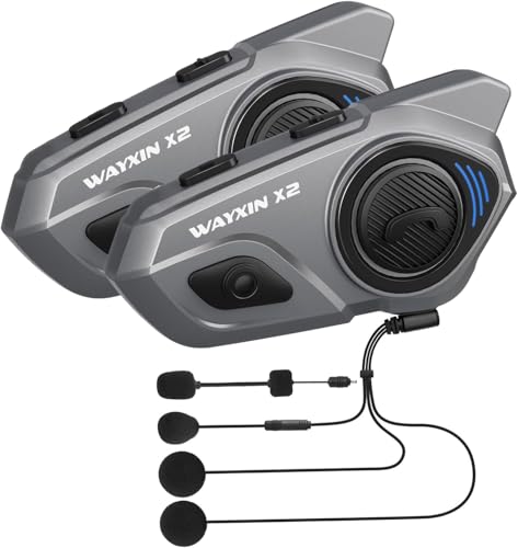 WAYXIN X2 - Citofono per moto, sistema interfono integrato, cuffie Bluetooth per fino a 4 moto, con HiFi/condivisione musica/radio FM/assistente vocale AI/impermeabile IP67, confezione doppia