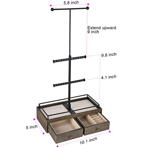 Keebofly Jewelry Organizer Metal & Wood Basic Storage Box - 3 Tier Jewelry Stand for Necklaces Bracelet Earrings Ring Weathered Grey