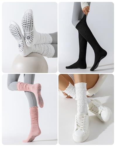 Image of Yawlsow Pilates Socks with Grips for Women Yoga Ruffle Grippy Non Slip Long Slouchy Scrunch Socks for Barre Workout Hospital