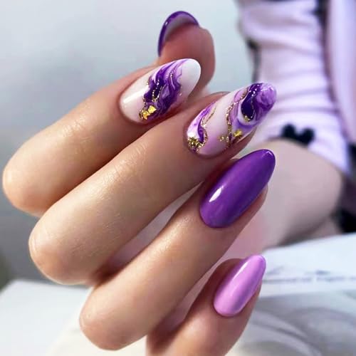 Purple Marble Press on Nails - Gradient Acrylic Medium Almond Nails, 24 Pcs, Sparkly Gold Curve Line, Glossy Gold Glitter, Ombre Gel Glue, for Women & Girls