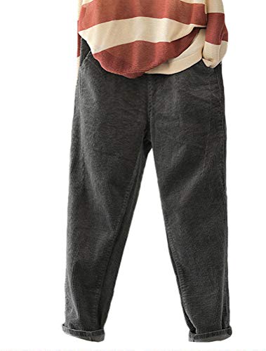 Minibee Women's Plain Corduroy Pants Elastic Waist Slim Trousers with Pockets Grey L