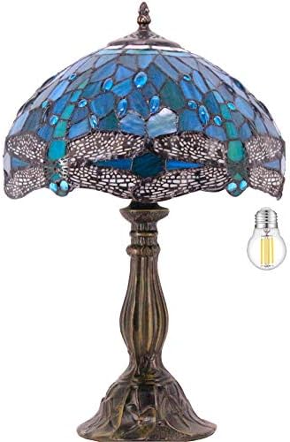 WERFACTORY Tiffany Lamp Green Blue Stained Glass Bedside Table Lamp 18 Inch