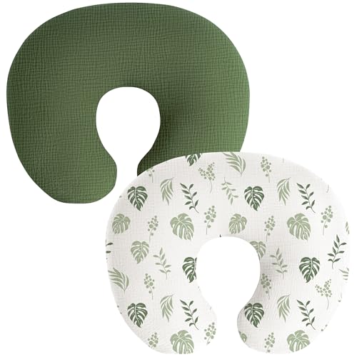 Image of Coreeky Muslin Nursing Pillow Covers, 2 Pack, Soft & Adorable Slipcovers with Zipper Closure, 100% Cotton Covers for Breastfeeding Pillows (Leaf, Green)