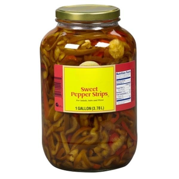 Sweet Green & Red Pepper Strips - gallon , This mix of vibrant red and green colors is a visually-appealing garnish or topping Naturally-sweetened, smoky tones of bell peppers make a versatile addition to an array of meals. [ 128 oz , 8 lb ]