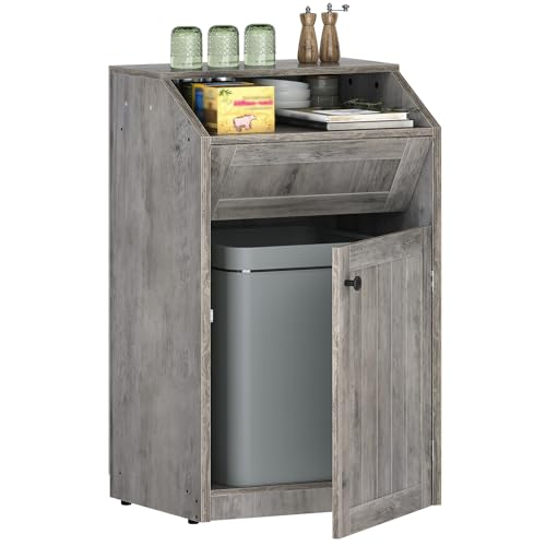 YATINEY Trash Cabinet, Freestanding Trash Can Cabinet, Wooden Recycling with Flip Door, 10 Gallon Hidden Kitchen Garbage Can for Kitchen, Living Room, Grey WB01BG