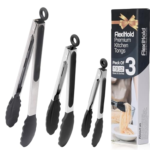 Pack of 3 Stainless Steel Kitchen Tongs with Silicone Tips