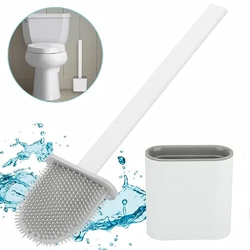 Silicone Toilet Brush and Holder Set – Pack of 1 Wall Mounted Toilet Brush White – Long Non-Slip Handle, Flexible Bristles for Easy Cleaning – Modern Toilet Scrubber Brush
