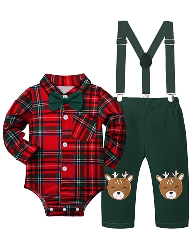 Baby Boy Christmas Outfit My First Christmas Plaid Gentleman Romper + Reindeer Suspender Pants 0-12Months 2Pcs