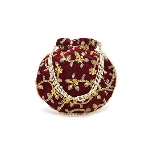 IGH Handmade Womens Velvet Embroidered Potli Purse | Indian Drawstring Bag | Maroon Ethnic Handbag for Weddings & Parties (Maroon 1 Pcs)