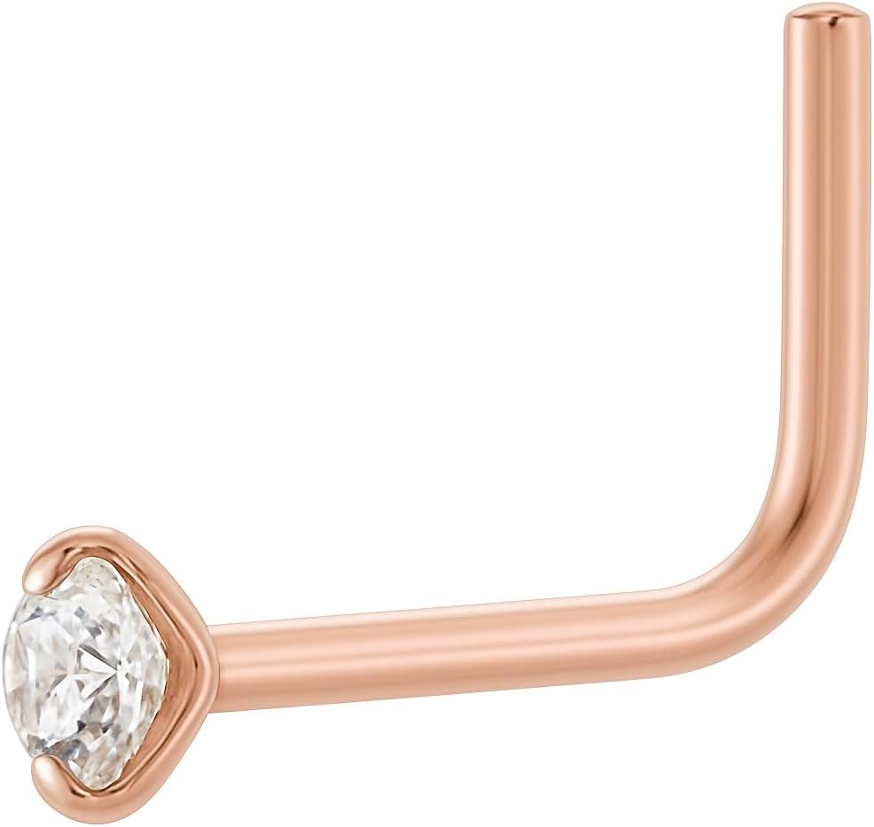 14k Solid Gold L Sahpe Nose Nose Piercing, 2mm Genuine Diamond, 5/16 Inch Length, Thin 22 Gauge Nose Ring