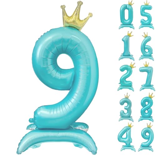 42 In Blue Number Balloon with Base Standing Number 9 Balloon with Crown Blue Crown Balloon 0-9 Helium Foil Balloons for Birthday Party Decorations Supplies Digital 9