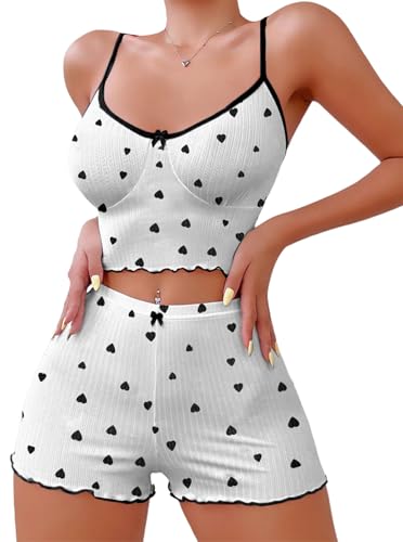 Image of Hilinker Womens Graphic Print Ribbed PJ Set Crop Cami Tops and Shorts Cute Pajamas Set