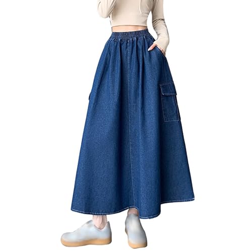 Women's Retro High Waisted Elastic Fly Flared Long Jean Skirts Pleated Flowy Swing A-line Denim Skirt with Pocket