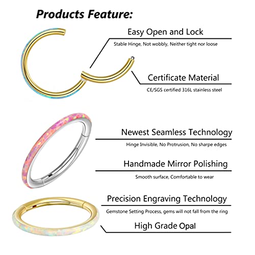 Mifans Nose Ring Hoop, Lip Septum Cartilage Helix Tragus Conch Rook Daith Lobe Hoop Earrings Body Piercing Jewelry With White Opal 16G Diameter 8Mm 10Mm, Small Gold Hoop Earrings For Women Men #TOP1