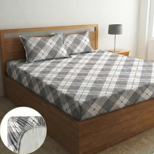 Image of Home Sizzler 210 TC Microfibre Grey Tartan Double Fitted Bedsheet (72X78 inch) with 2 King Size Pillow Covers