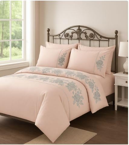 Bella Nights Amara Duvet Cover Set with Matching Pillowcases, Bed Runner Bed Set – Luxurious Floral Embroidered Bedding – Ultra-Soft Microfiber Quilt Cover – Elegant Bedroom Decor (Pink, King)