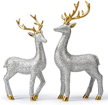 Amoy-Art 2pcs Reindeer Statue Figurine Deer Gifts Decor Polyresin Stag Sculpture Silver 30cm