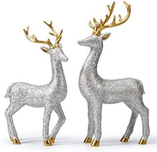 Amoy-Art 2pcs Reindeer Statue Figurine Deer Gifts Decor Polyresin Stag Sculpture Silver 30cm